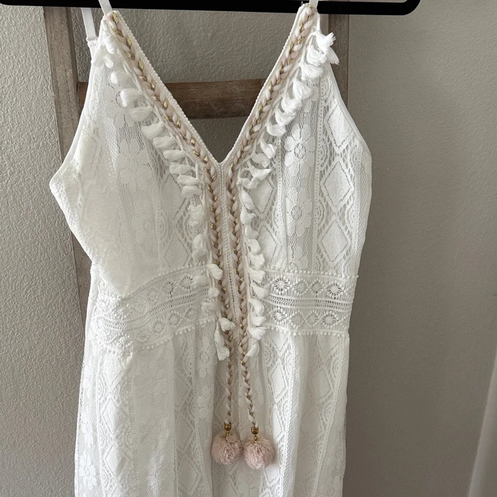 White Lace Dress with Braid and Pom Detail - Picture 2 of 6